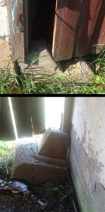 En vikt husplint med synlig skada nära en husgrund, och en närbild av den skadade plinten intill en betongvägg.