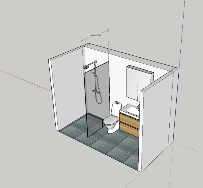 3D-skiss av ett badrum med duschhörna, glasvägg, toalett och handfat.