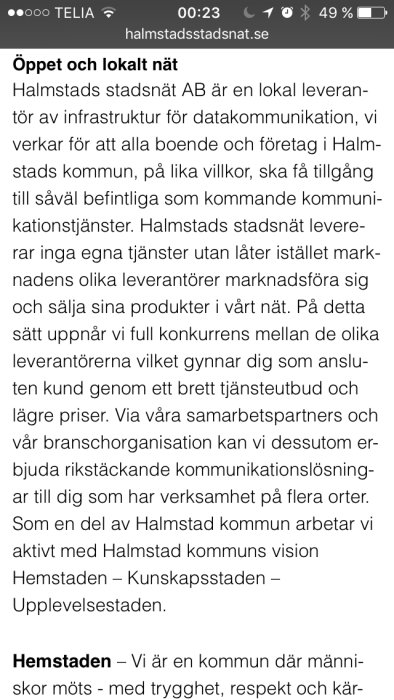 Skärmdump av Halmstad stadsnäts hemsida med information om lokalt och öppet nätverk.