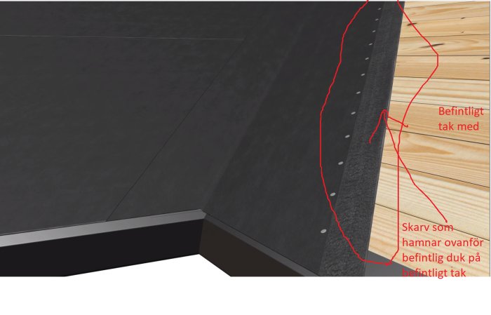 Illustration av takdetalj med underlagsduk och vinklad plåt samt markerad skarv för byggprojekt.