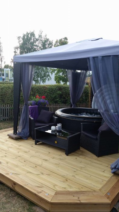 Trädäck med skuggande pergola, transparenta draperier, utomhusmöbler och spapool, omgiven av grönska och staket.