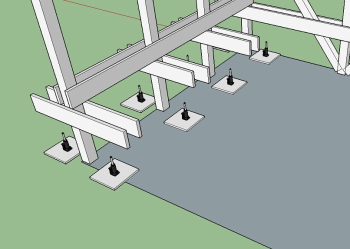 3D-modell av en lada som höjs med betongplattor och stöttor.