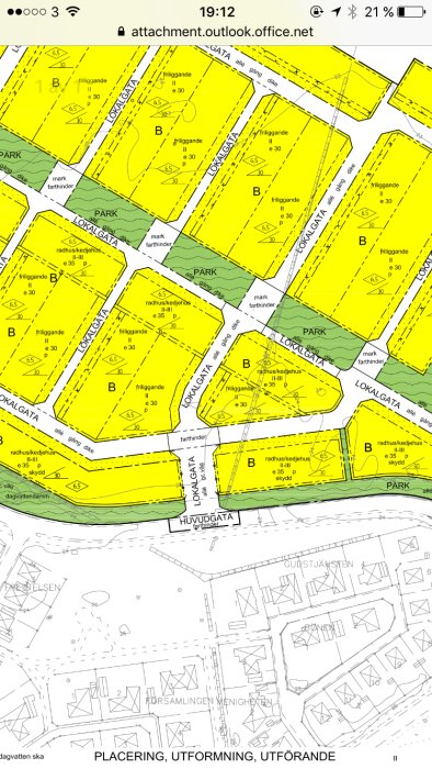 Skärmdump av en detaljplan med markerade områden för byggnation, vägar och parker.