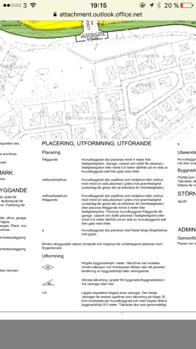 Skärmdump av detaljplan med regler för placering, utformning och utförande av byggnader.