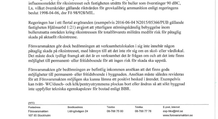 Skärmbild av ett officiellt dokument med Försvarets kommentarer om byggprojekt och ljudnivåer i relation till riktsintressen.