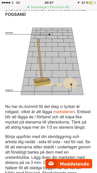 Illustration av markstensläggning med förband, sandspridning och verktyg på skissad uteplats.