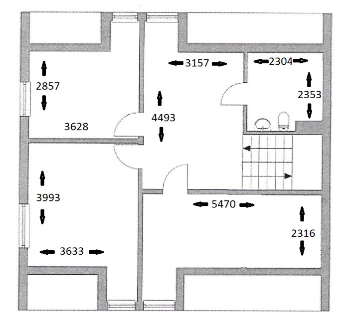 Planritning av övervåning med måttangivelser, inklusive framtida "master bedroom" och "walk-in closet".