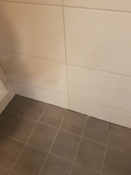 Badrumshörna med grå klinkers och vita väggplattor där fogen vid golv och vägg ser fuktig och mörkgrå ut.