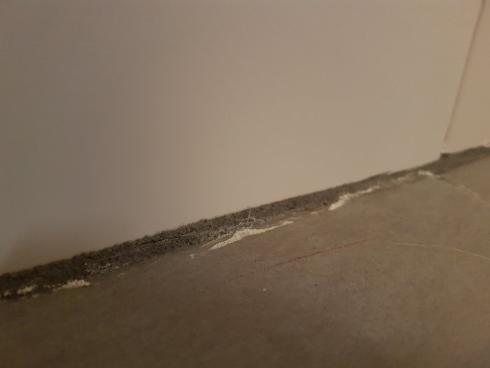 Fuktigt fogparti mellan golv och vägg med vita kalkavlagringar, ej exponerat för vatten.
