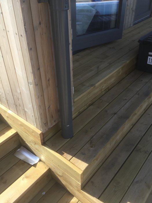 Nybyggt hus med furupanel och trädäck behandlat med järnvitriol, förebyggande papper mot spill.