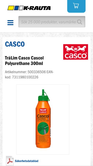 Flaska med Casco Cascol Polyurethane trälim på 300 ml mot vit bakgrund, produktinformation visas.