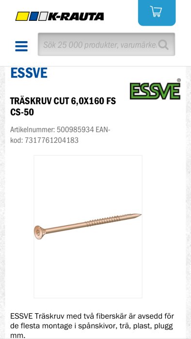 Träskruv 6,0x160 mm från ESSVE, avsedd för montage i spånskivor, trä, plast, avbildad på vit bakgrund.