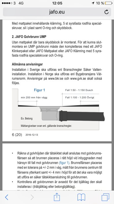 Schematisk illustration av golvbrunn installering med mått för lutning och avstånd från vägg.