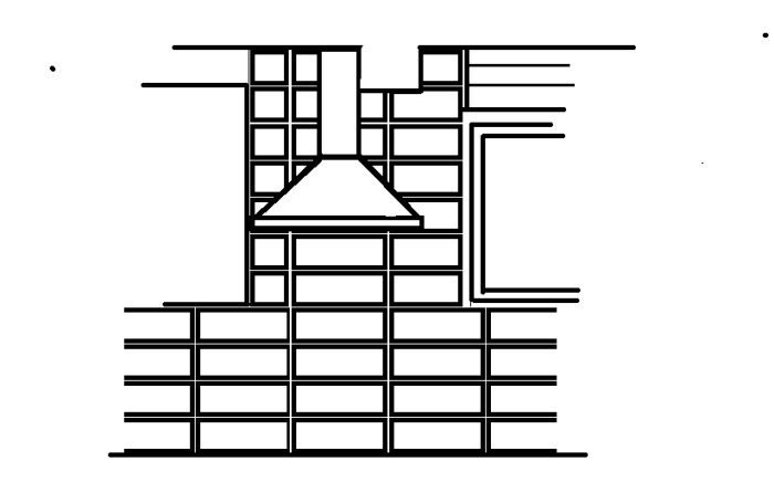 Schematisk ritning av en murad öppen spis i svartvitt.