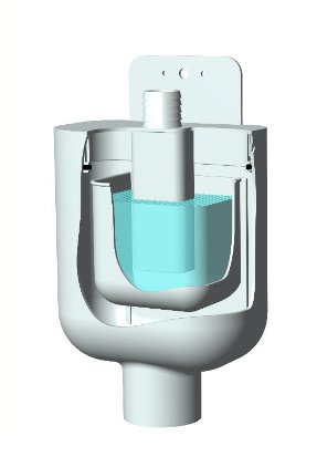 Diagram av ett självrensande vattenlås från Faluplast för tvättmaskiner, med synlig vattennivå och interna komponenter.