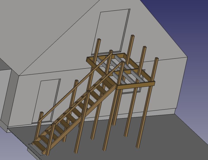 3D-skiss av en planerad trätrappa utomhus med plattform och stolpar.