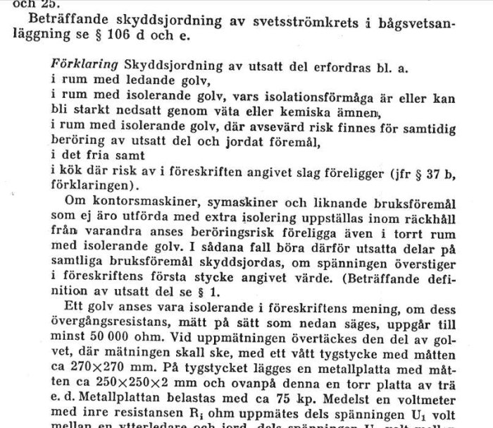 En svartvit bild av en text om skåddsjordning av svetströmkretsar från 1960 års föreskrifter.