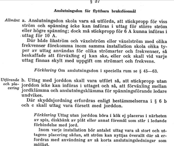 Svartvit bild av en text ur 1960 års elinstallationsföreskrifter om anslutningsdon och jordning.