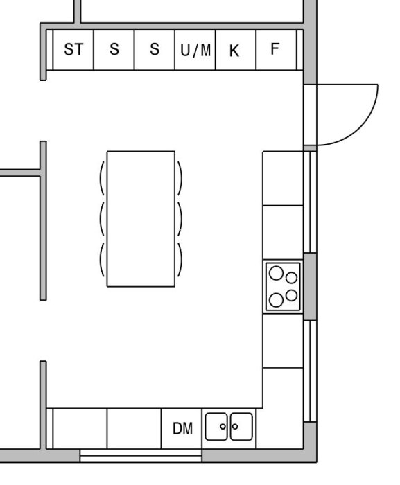 En skiss av en köksplanlösning med markerade områden för spis, diskmaskin och matbord.