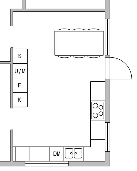 Skiss av ett kök med markerade områden för spis, diskmaskin och kyl, samt en matplats i mitten.