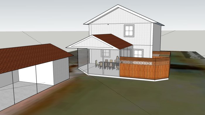 3D-skiss av hus med integrerat uterum, soldäck och staket, med syfte att matcha befintlig arkitektur.