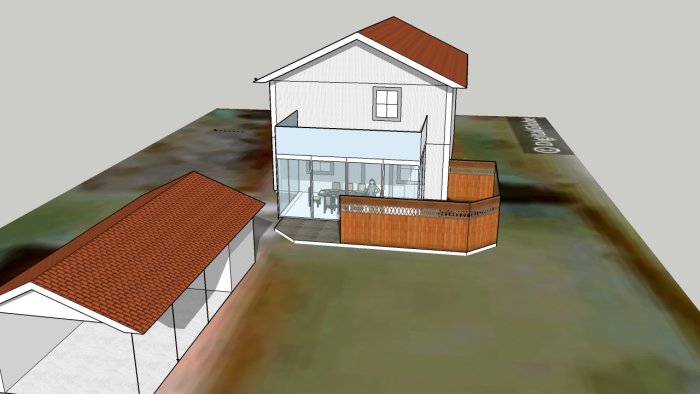 3D-skiss av ett vitmålat hus med uterum i glas och trädäck med staket, och ett intilliggande tegeltakat förråd.