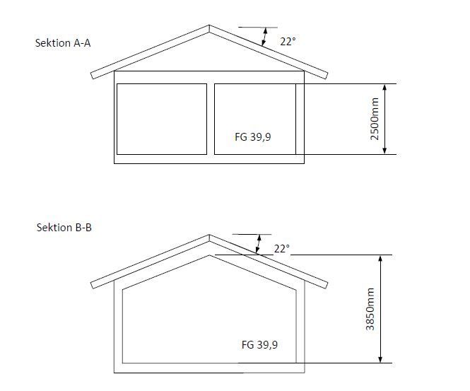 Ritningar av hussektionerna A-A och B-B med mått och vinklar angivna.