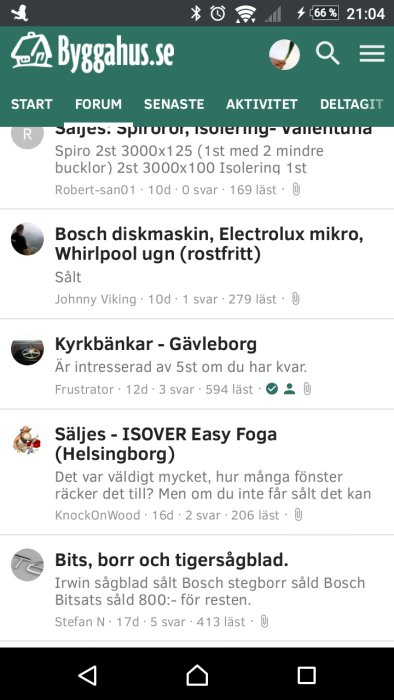 Skärmdump från diskussionsforumet Byggahus.se som visar olika trådar i underforumet 'Säljes & skänkes'.