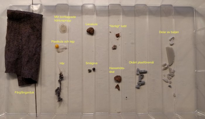 Objekt ur tvättmaskinsfilter: hörlurspropp, lecakula, tejp, hår, smågrus, nötskal, delar av maskinen.