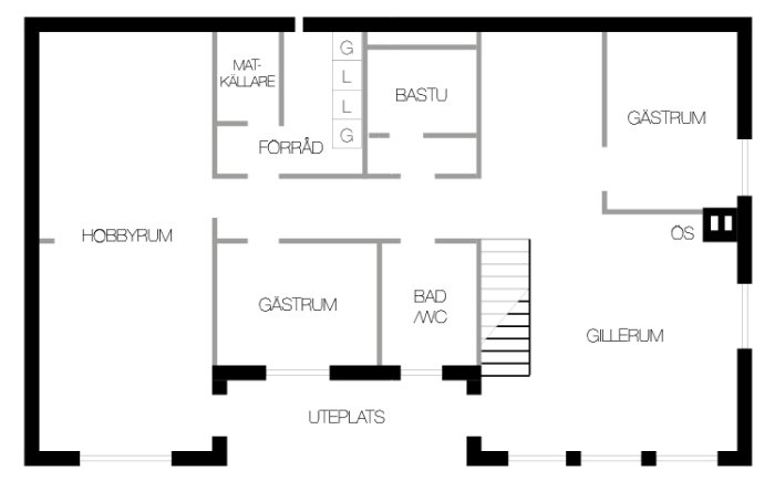 Schematisk ritning av en husplan med benämnda rum som hobbyrum, bastu, matkällare och badrum.