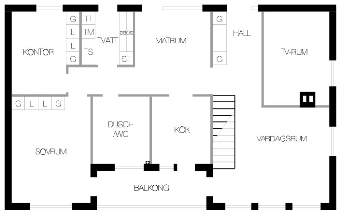 Schematisk ritning av en bostadsplan med betecknade rum som sovrum, kök, balkong och kontor.