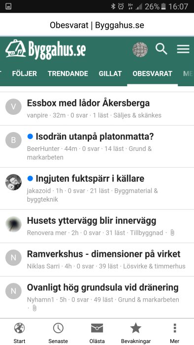 Skärmbild av ett forum med obesvarade trådar relaterade till byggnad och renovering.