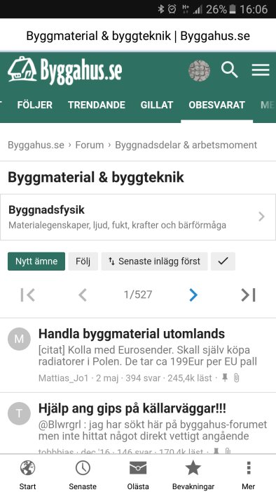 Skärmbild av diskussionsforum på Byggahus.se med ämnen om byggmaterial och byggteknik.
