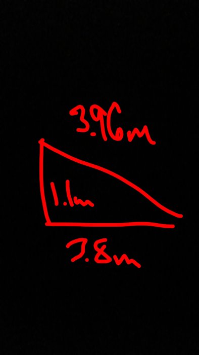 Enkel handritad skiss av en trekant med sidmått 3.9m, 1.1m och 7.8m mot svart bakgrund.