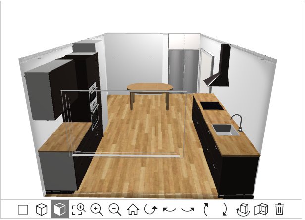 3D-modell av ett kök med svarta skåp, träbänkskivor och placering av vitvaror och köksö.