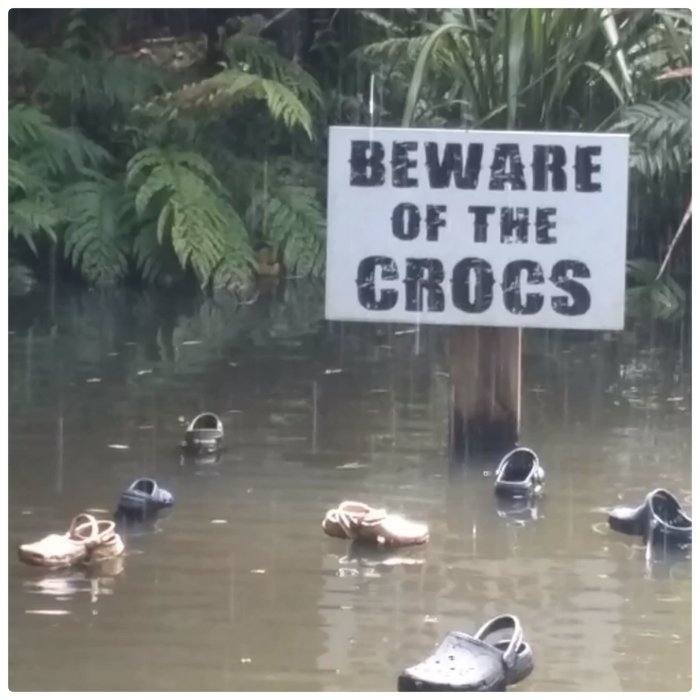 Skylt med texten "BEWARE OF THE CROCS" över vatten med flytande skor, tropisk växtlighet i bakgrunden.