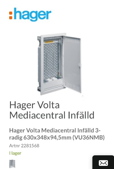 Hager Volta mediacentral infälld för byggprojekt, tom med dörr öppen, teknisk information synlig.