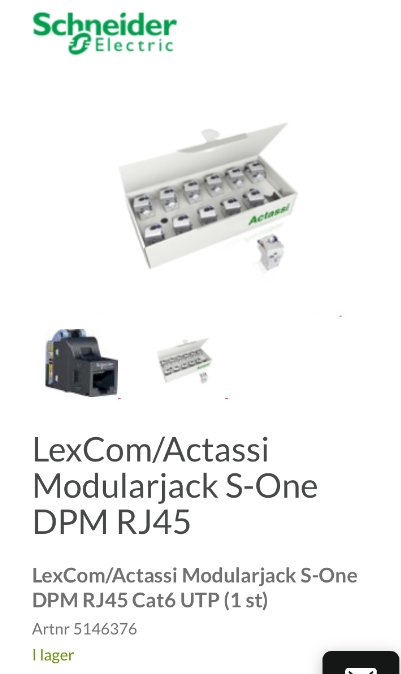 Schneider Electric LexCom/Actassi modularjack S-One DPM RJ45 för Cat 6 kabel, förpackning och lös kontakt visas.
