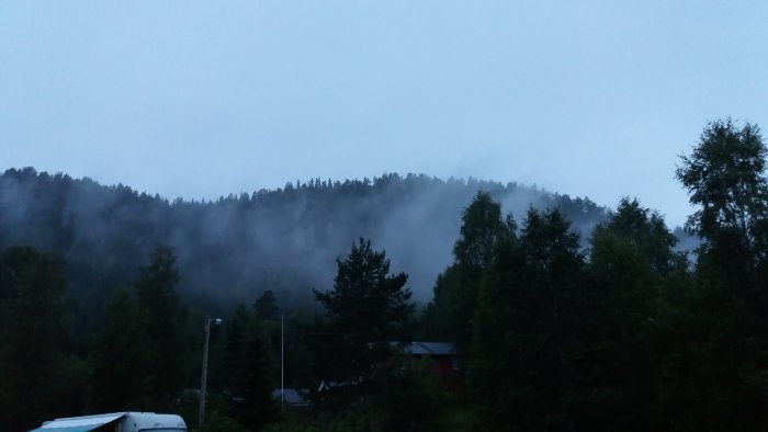 Dimma över skogsklädda berg i Norge vid skymningen.