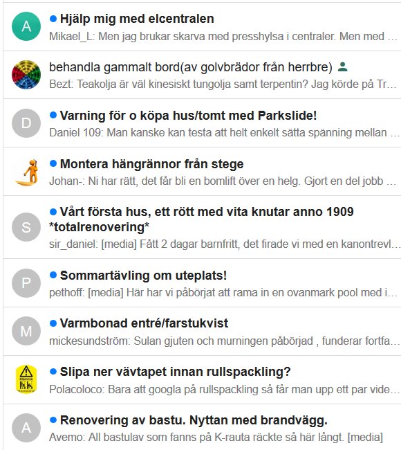 Skärmdump av diskussionsforum med trådtitlar, användarnamn och avatarer inklusive en apa och initialbokstäver.