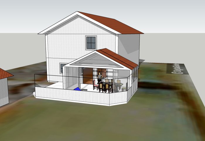 3D-ritning av ett vitt hus med ett sadeltak och en anslutande uterum under konstruktion.