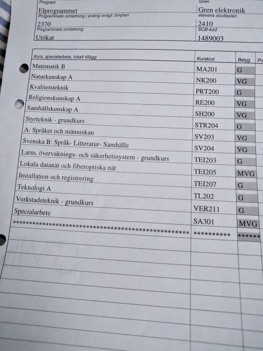Bild på ett gymnasiebetyg med kurser i matematik, naturkunskap och teknik, några betecknade VG (Väl Godkänd) och G (Godkänd).