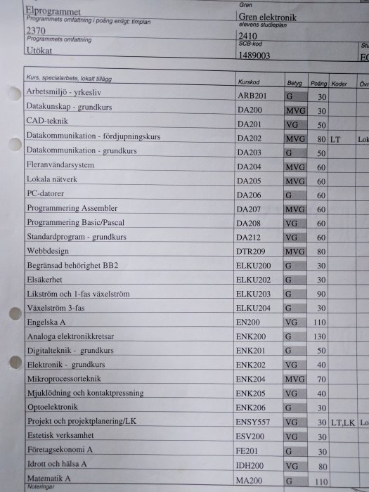 Bild på en sida med betygsutdrag visande kurser i elektronik och betygsresultat.