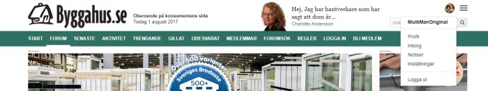 Skärmdump från Bygghus.se hemsidan som visar navigationsmeny, användarmeny och en banner med byggmaterial.