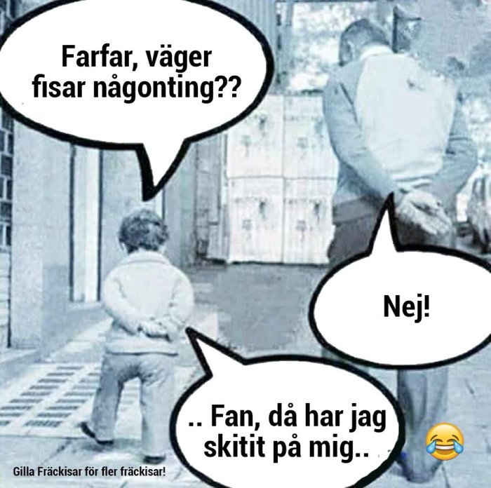 Ett barn och en äldre man med pratbubblor i en humoristisk skämtbild om misstag vid prutträkning.