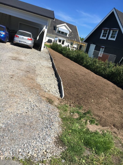 Markarbete med nylagd jord och grusväg bredvid en husdriveway under en solig dag.