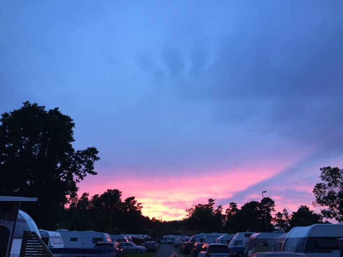 Solnedgång med rosa himmel över en campingplats med husvagnar och träd.