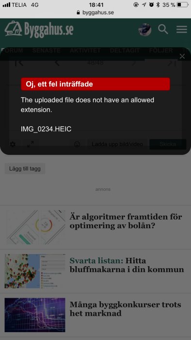 Felmeddelande på mobilskärm "Oj, ett fel inträffade" för filuppladdning av en .HEIC-fil på forumet bygghus.se