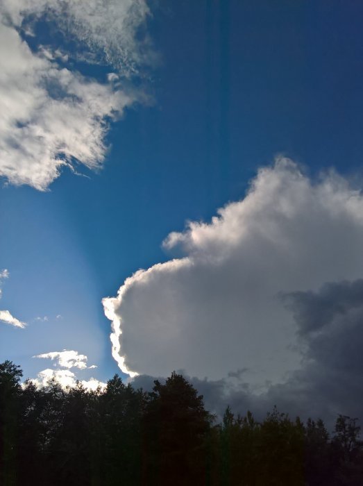 Mörka moln vid horisonten med hotfull himmel som tyder på åska och regn över skogslinje.