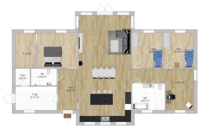 Arkitektritning av en planlösning för ett enplanshus, inkluderar kök, vardagsrum, sovrum och badrum.